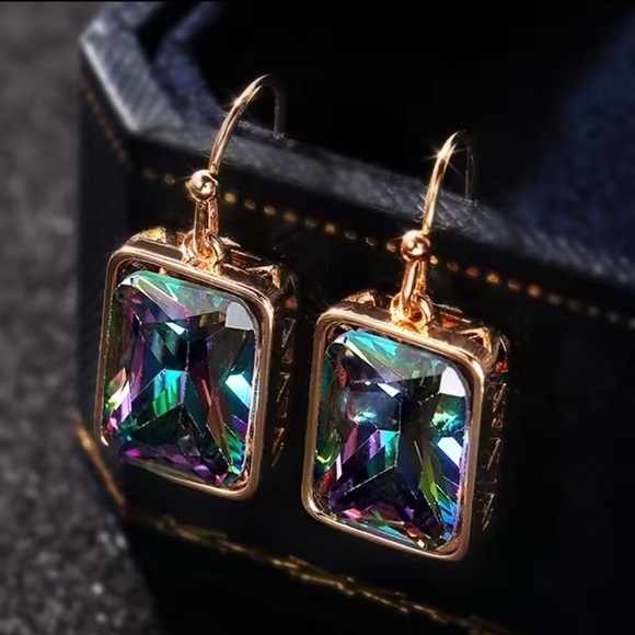 NEW 14K GOLD MYSTIC TOPAZ COLORFUL PRISM SQUARE FILIGREE EARRINGS - Picture 2 of 7